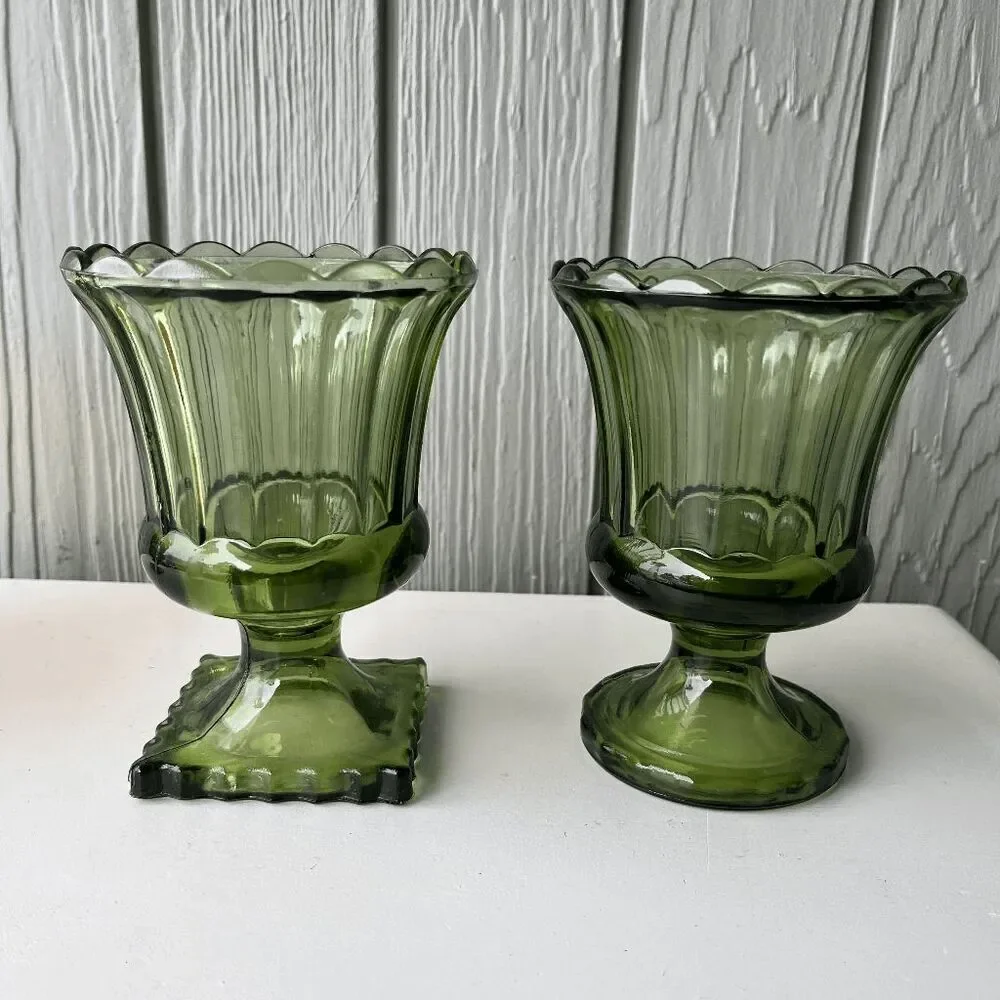 VTG Indiana Glass Avocado Green Pedestal Vases + Amber Mount Vernon Set